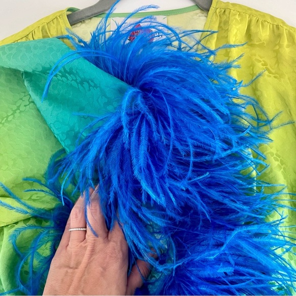 ART DEALER 100% Silk Green & Blue Feather Wrap Dress Robe Small S NWOT - Picture 7 of 9